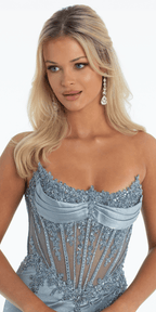 Pointed Embroidered Strapless Satin Corset Column Dress