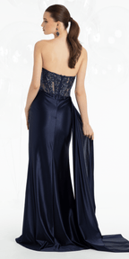 Satin Embroidered Strapless Column Dress with Side Drape