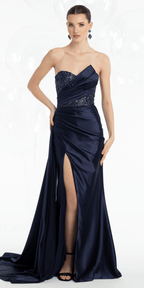 Satin Embroidered Strapless Column Dress with Side Drape