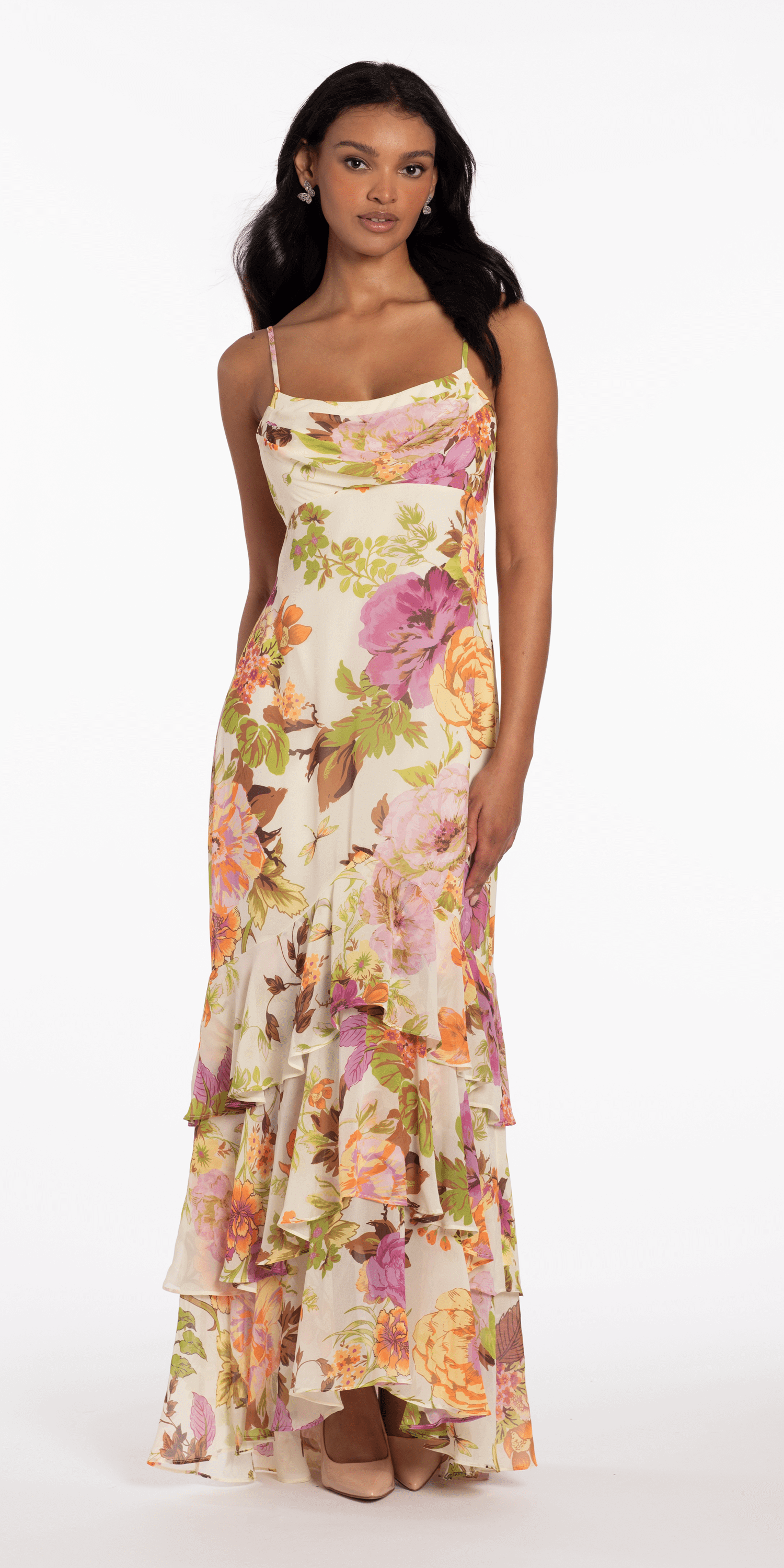 Floral Print Chiffon Drape Front Ruffle High-Low Dress