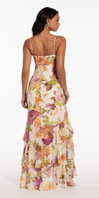Floral Print Chiffon Drape Front Ruffle High-Low Dress