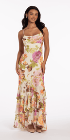 Floral Print Chiffon Drape Front Ruffle High-Low Dress