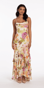 Floral Print Chiffon Drape Front Ruffle High-Low Dress