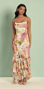 Floral Print Chiffon Drape Front Ruffle High-Low Dress