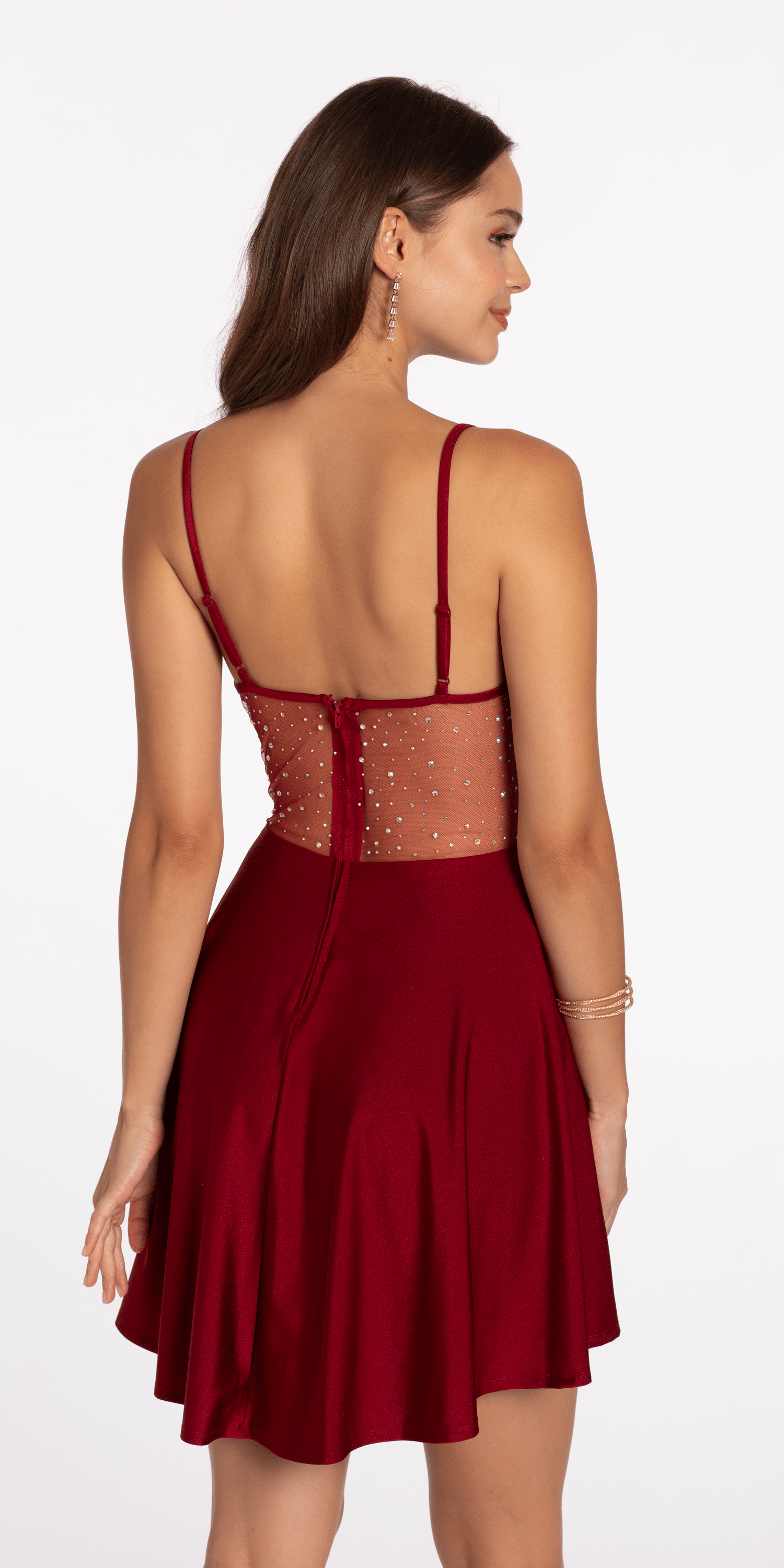 Drape Neck Satin Skater Dress with Sheer Back Panels