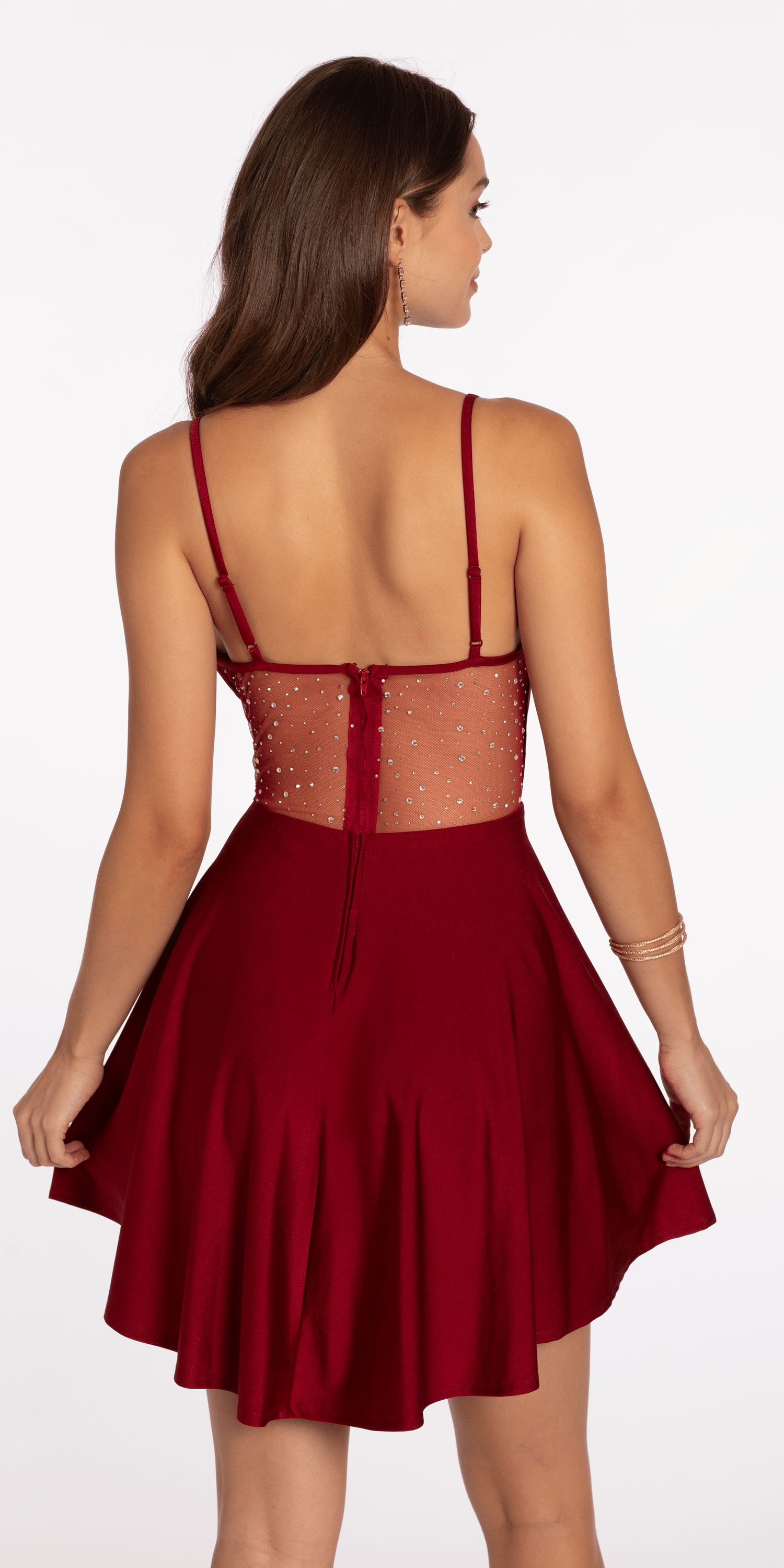 Drape Neck Satin Skater Dress with Sheer Back Panels