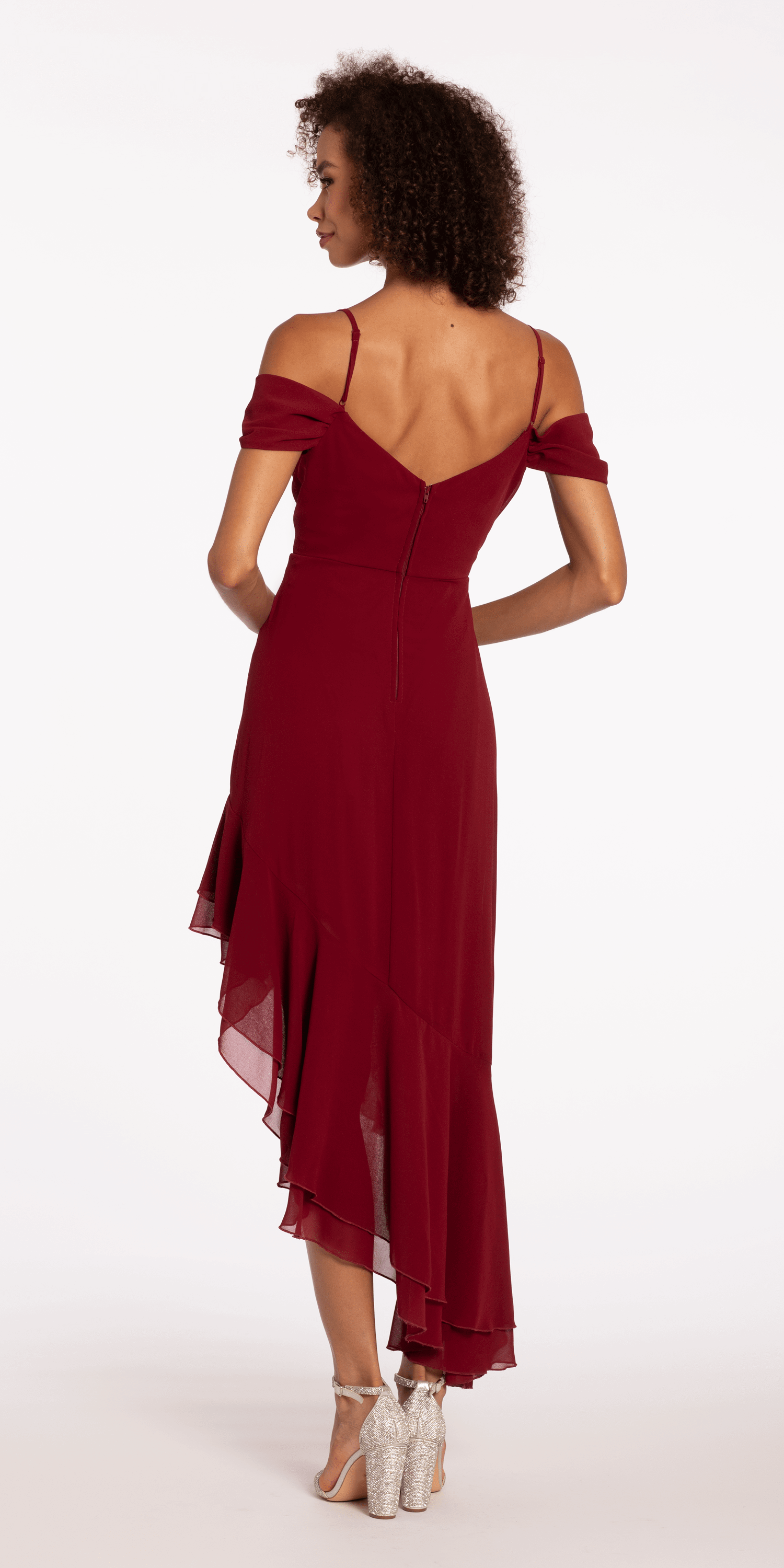 Chiffon Off the Shoulder Drape High Low Dress with Ruffle Hem