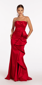 Strapless Taffeta Side Cascade Trumpet Dress with Sweep Train