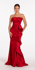 Strapless Taffeta Side Cascade Trumpet Dress with Sweep Train