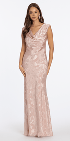 Floral Jacquard Cowl Neck Column Dress