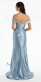 Stretch Satin Off the Shoulder Corset Trumpet Dress