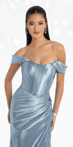 Stretch Satin Off the Shoulder Corset Trumpet Dress