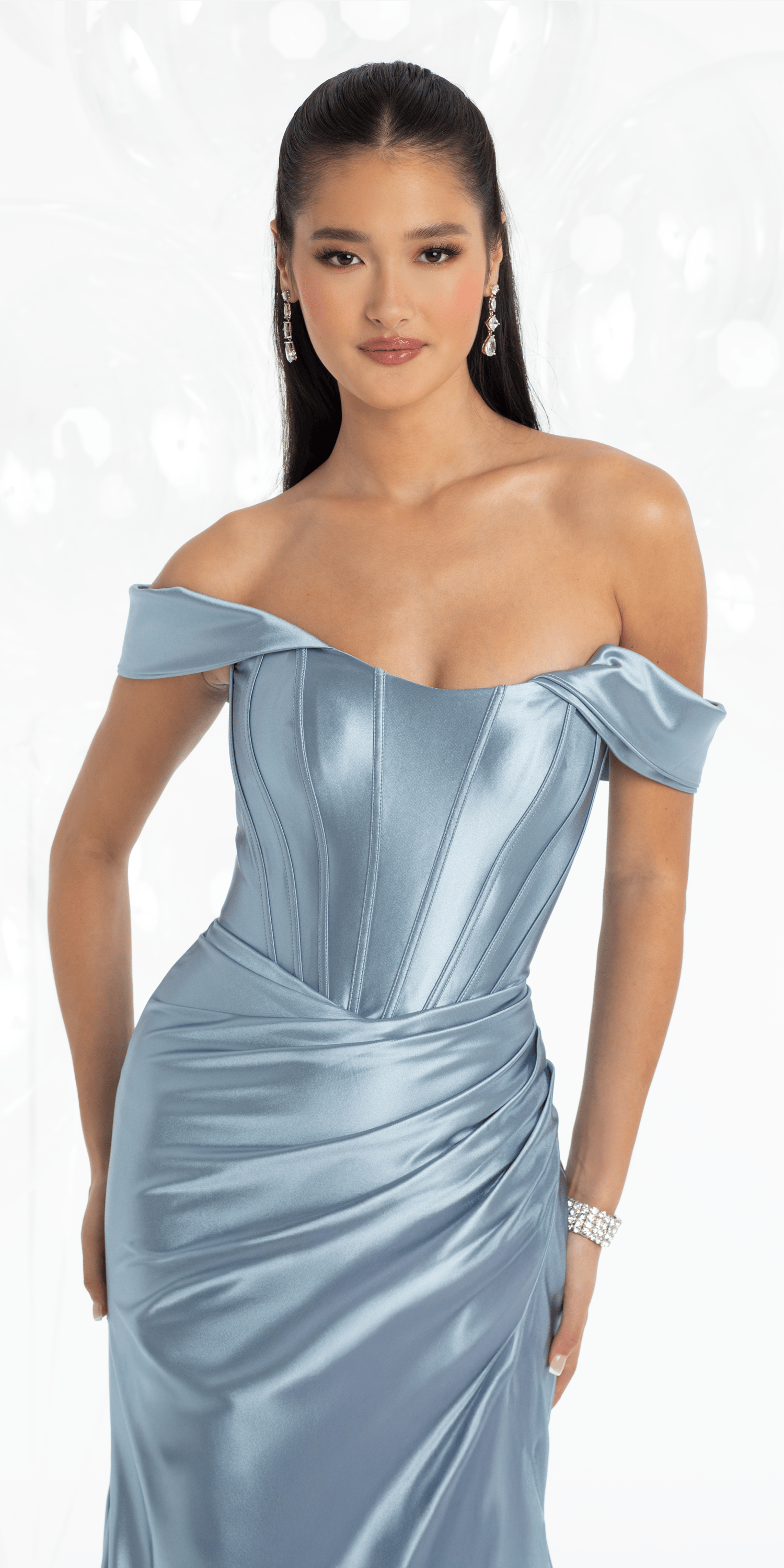 Stretch Satin Off the Shoulder Corset Trumpet Dress