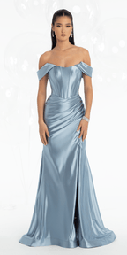 Stretch Satin Off the Shoulder Corset Trumpet Dress
