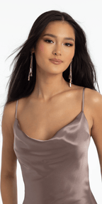 Open Tie Back Satin Cowl Neck Column Dress