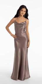 Open Tie Back Satin Cowl Neck Column Dress