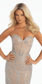Rhinestone Illusion Strapless Glitter Corset Trumpet Dress with Shawl