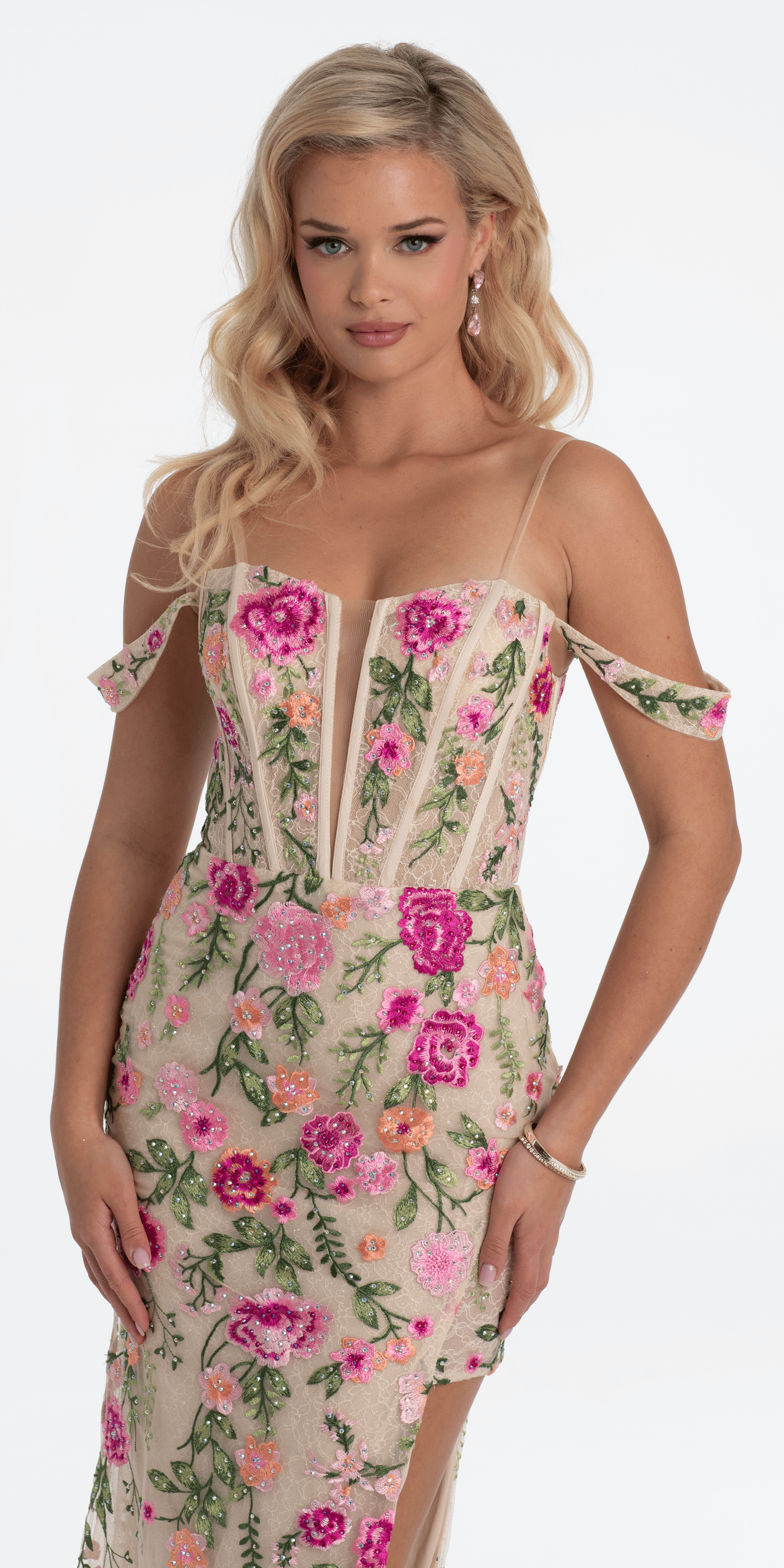 Off the Shoulder Floral Embroidered Column Dress