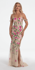 Off the Shoulder Floral Embroidered Column Dress