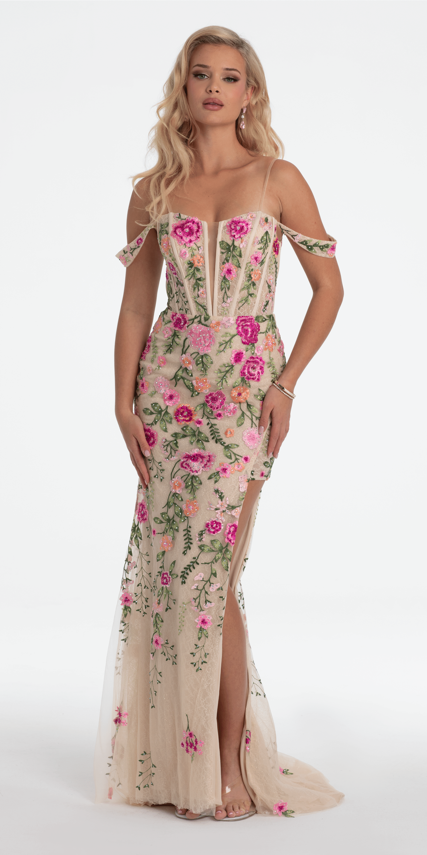 Off the Shoulder Floral Embroidered Column Dress