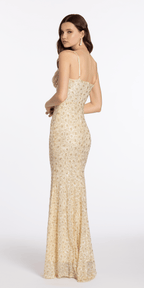 Mesh Beaded Cowl Neck Column Dress