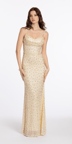 Mesh Beaded Cowl Neck Column Dress
