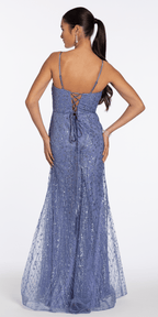 Glitter Mesh Notch Sweetheart Corset Trumpet Dress