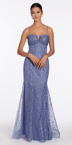 Glitter Mesh Notch Sweetheart Corset Trumpet Dress
