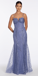 Glitter Mesh Notch Sweetheart Corset Trumpet Dress