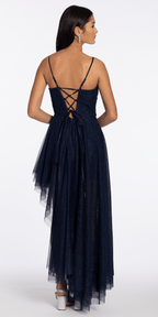 Strappy Back Glitter Mesh Sweetheart Corset High-Low Dress