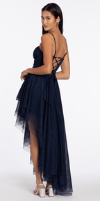 Strappy Back Glitter Mesh Sweetheart Corset High-Low Dress