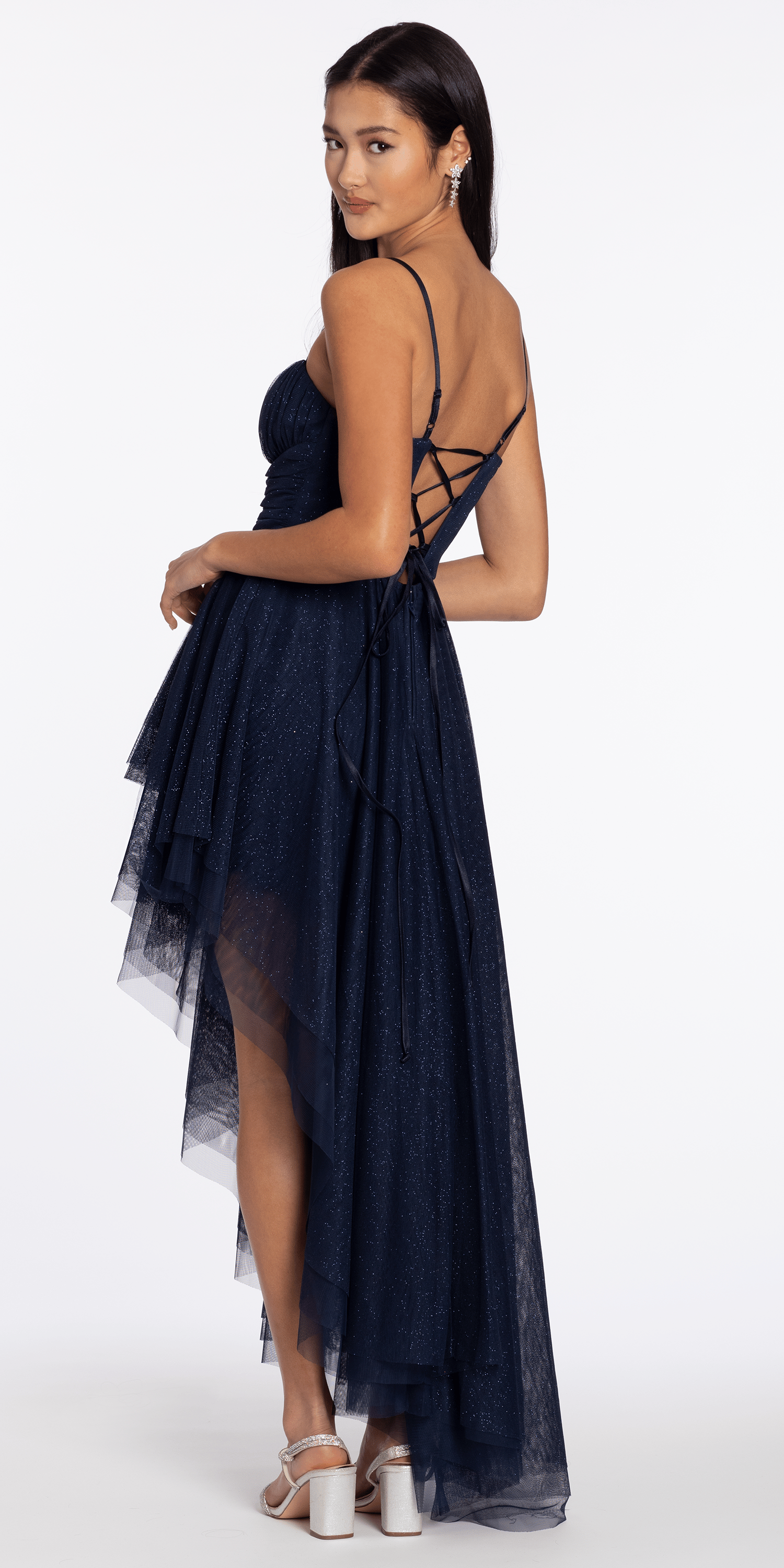 Strappy Back Glitter Mesh Sweetheart Corset High-Low Dress