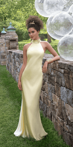 Charmeuse Satin Cutaway Halter Column Dress with Back Ruching
