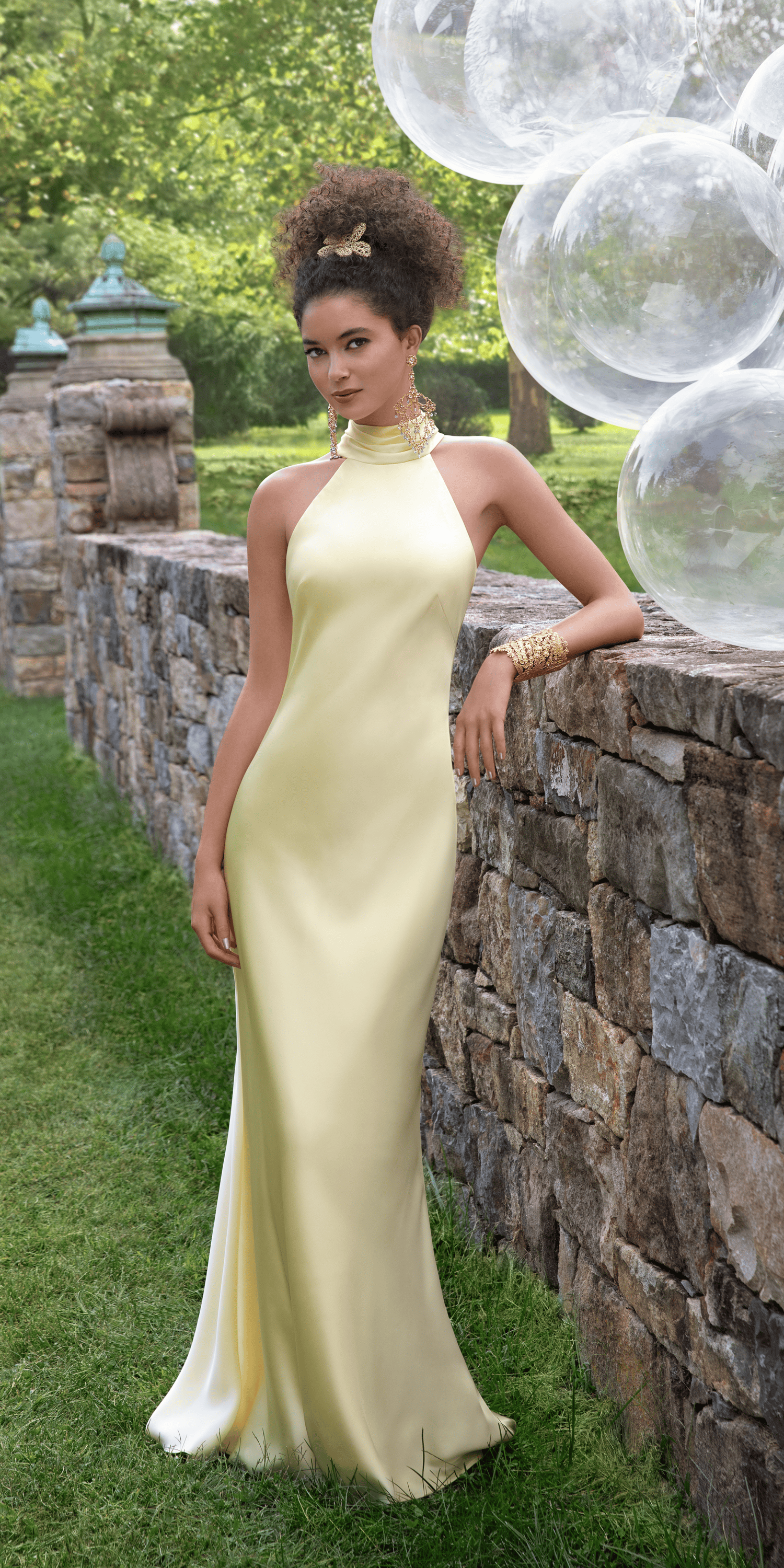 Charmeuse Satin Cutaway Halter Column Dress with Back Ruching