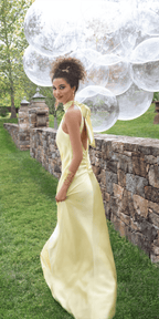 Charmeuse Satin Cutaway Halter Column Dress with Back Ruching
