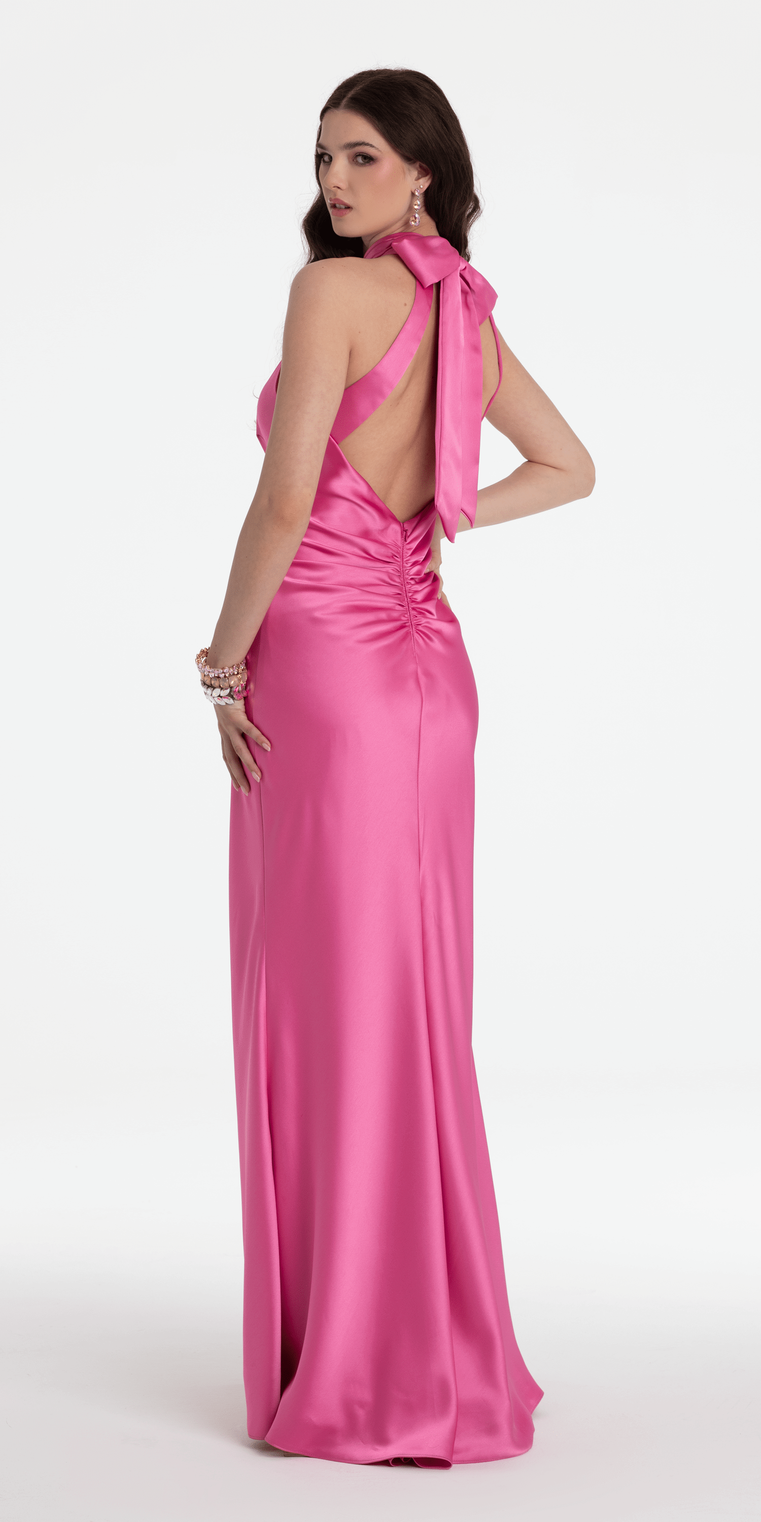 Charmeuse Satin Cutaway Halter Column Dress with Back Ruching