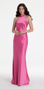 Charmeuse Satin Cutaway Halter Column Dress with Back Ruching