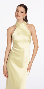 Charmeuse Satin Cutaway Halter Column Dress with Back Ruching