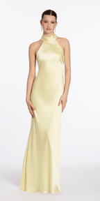 Charmeuse Satin Cutaway Halter Column Dress with Back Ruching