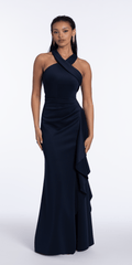 Scuba Column Dress with Keyhole Back and Side Ruffle