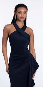 Scuba Column Dress with Keyhole Back and Side Ruffle
