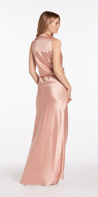 Satin Mock Wrap Shirt Dress with Side Cascade