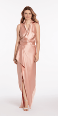 Satin Mock Wrap Shirt Dress with Side Cascade