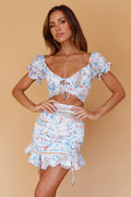 Azure Sky Tied Back Crop Top Printed Blue