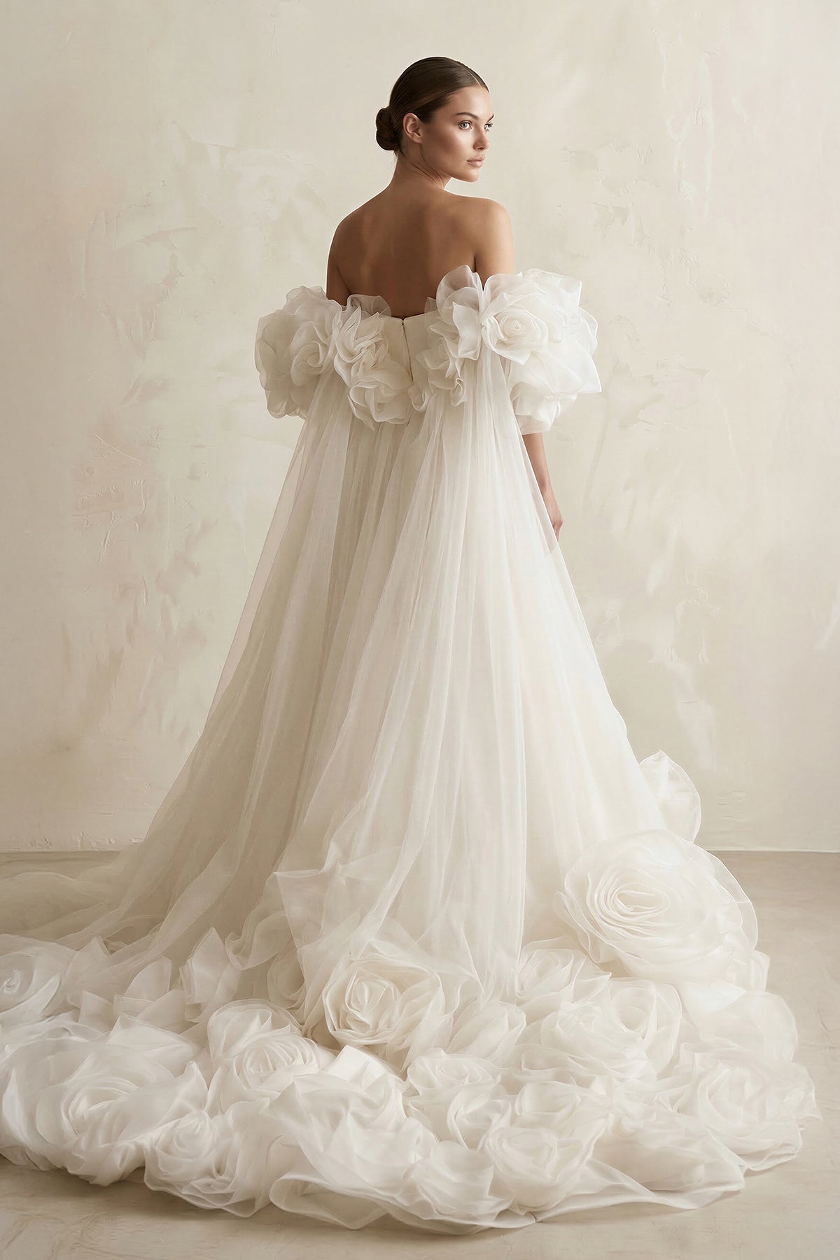 3D-Flower Tulle Off-the-Shoulder A-Line Wedding Dress in Ivory