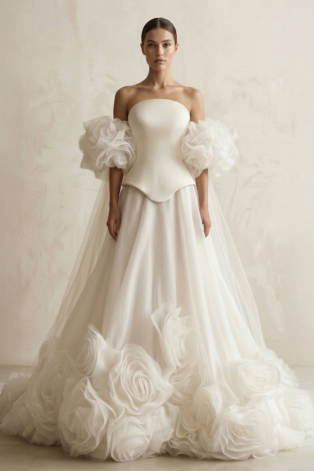 3D-Flower Tulle Off-the-Shoulder A-Line Wedding Dress in Ivory