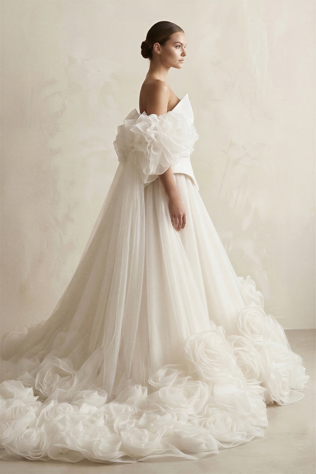 3D-Flower Tulle Off-the-Shoulder A-Line Wedding Dress in Ivory