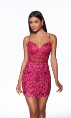 Alyce Paris Sheer Corset Lace-Up Mini Dress 40091
