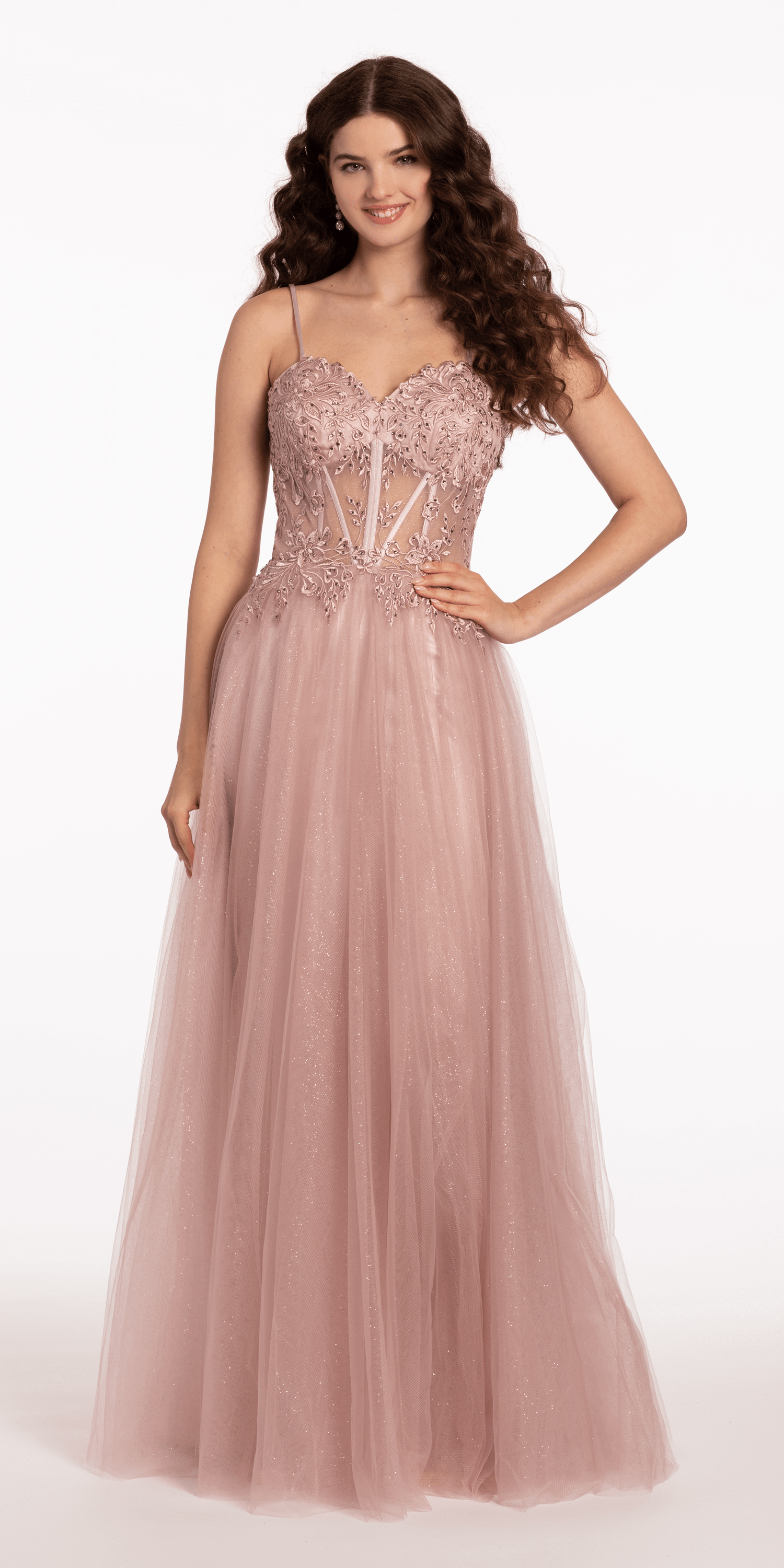 Glitter Tulle Lace Up Back Embroidered A Line Dress