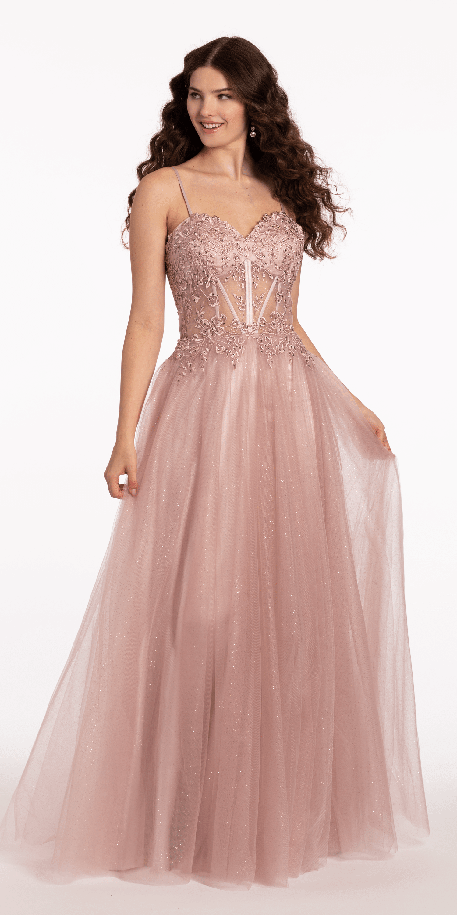 Glitter Tulle Lace Up Back Embroidered A Line Dress